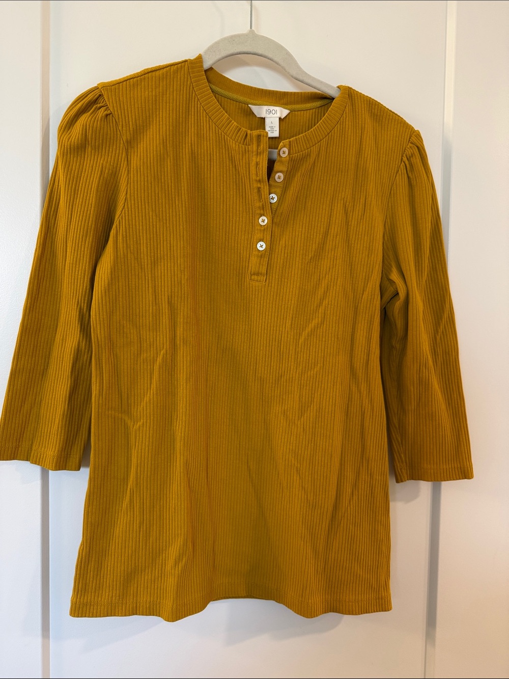 1901 Mustard Ribbed Henley 3/4 Sleeve Top